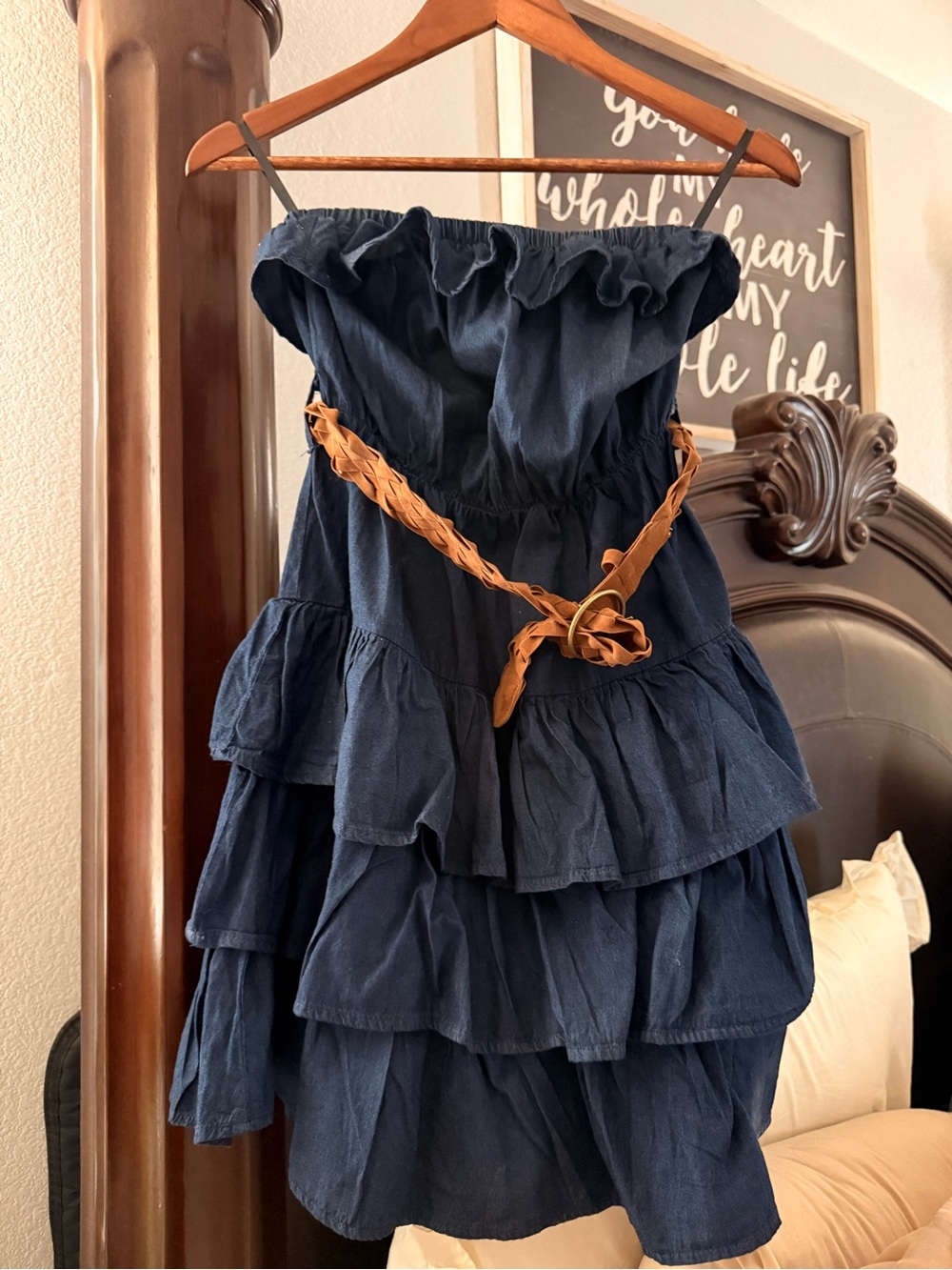 Women Navy Tiered Off-Shoulder Dress with Tan Braided Belt